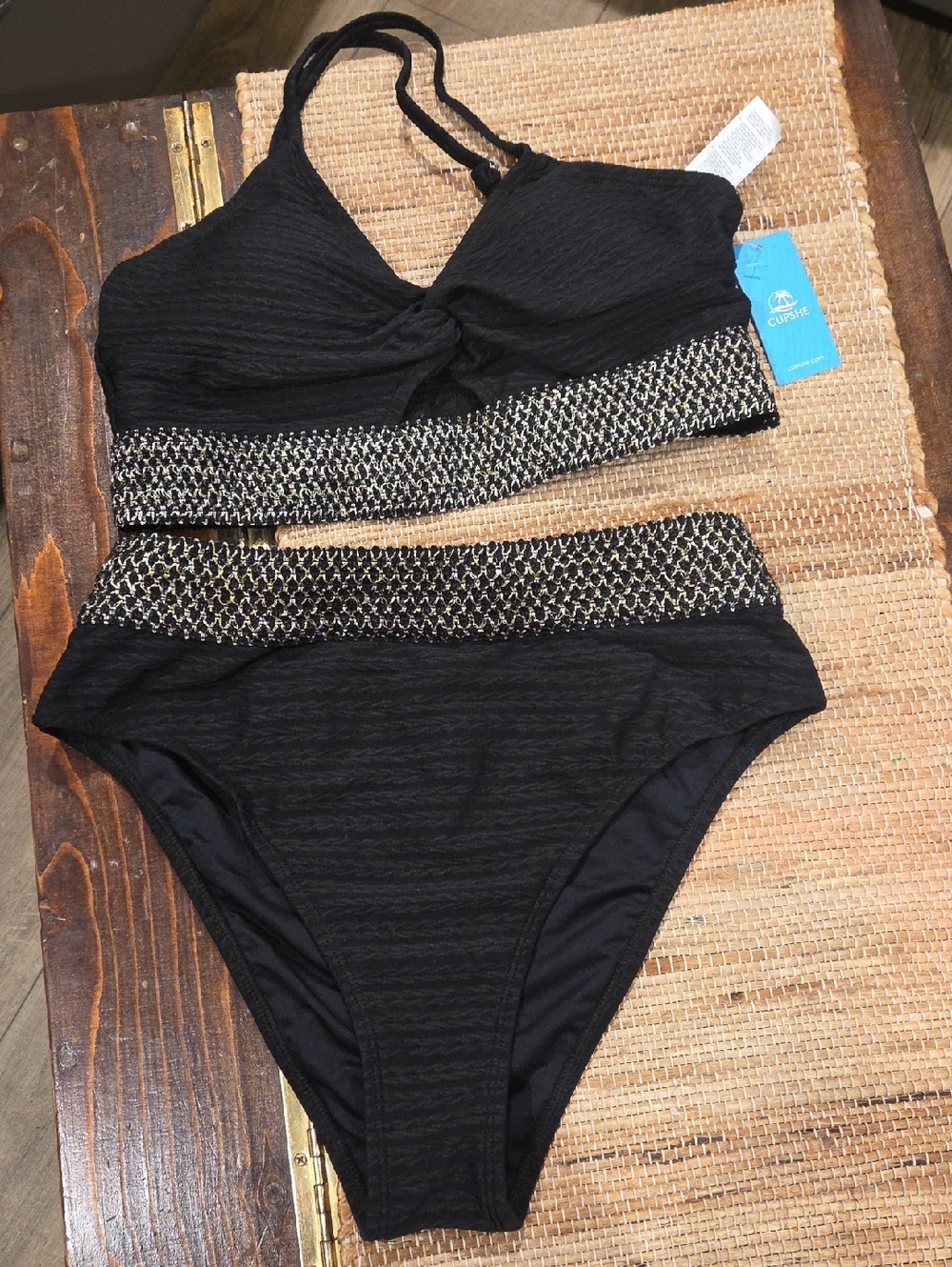 Women’s Black High-Waist Bikini with Metallic Trim